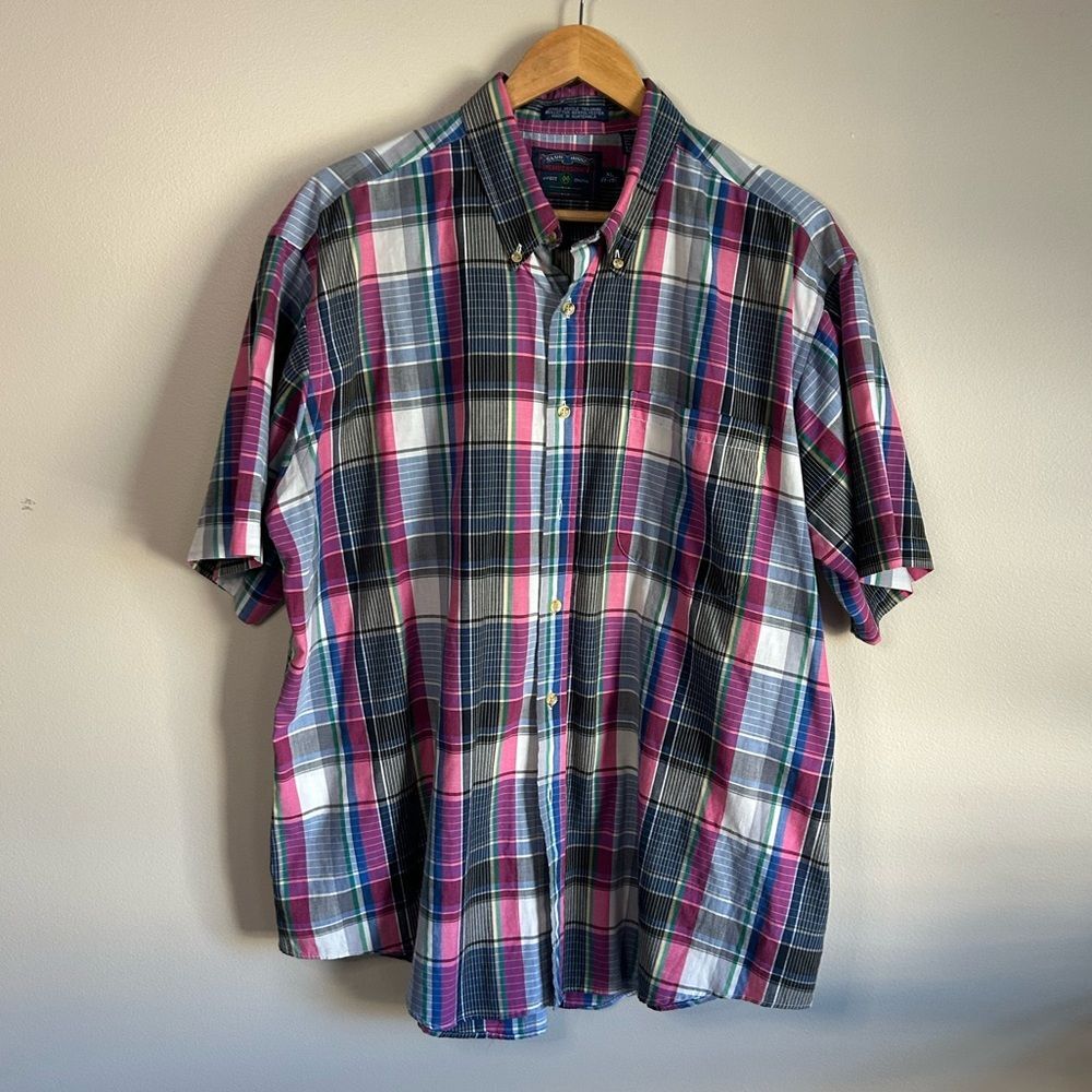 Club House Plaid Cotton Short Sleeve Casual Button Down Shirt Size XL